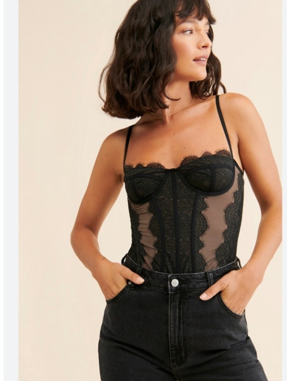 Urban Outfitters Out from Under black lace and brown mesh bustier corset top